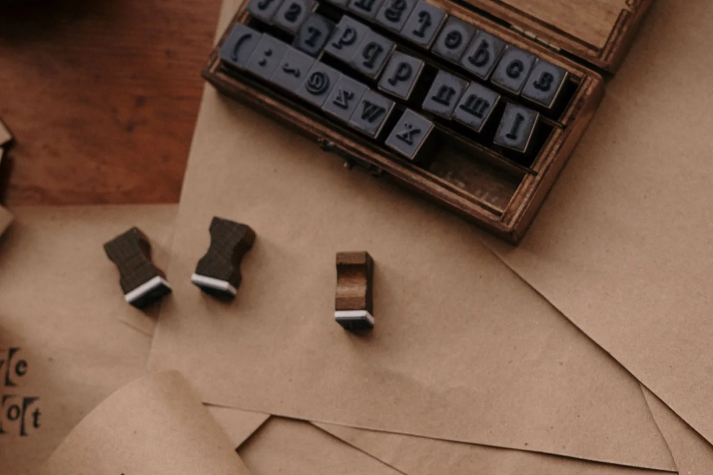 Kasten mit Alphabet-Stempeln aus Gummi, davor Kraftpapier und einzelne Buchstabenblöcke