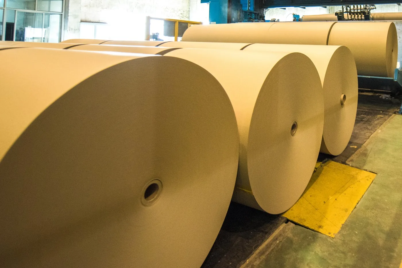 Große Papierrollen aus Kraftpapier in einer Papierfabrik